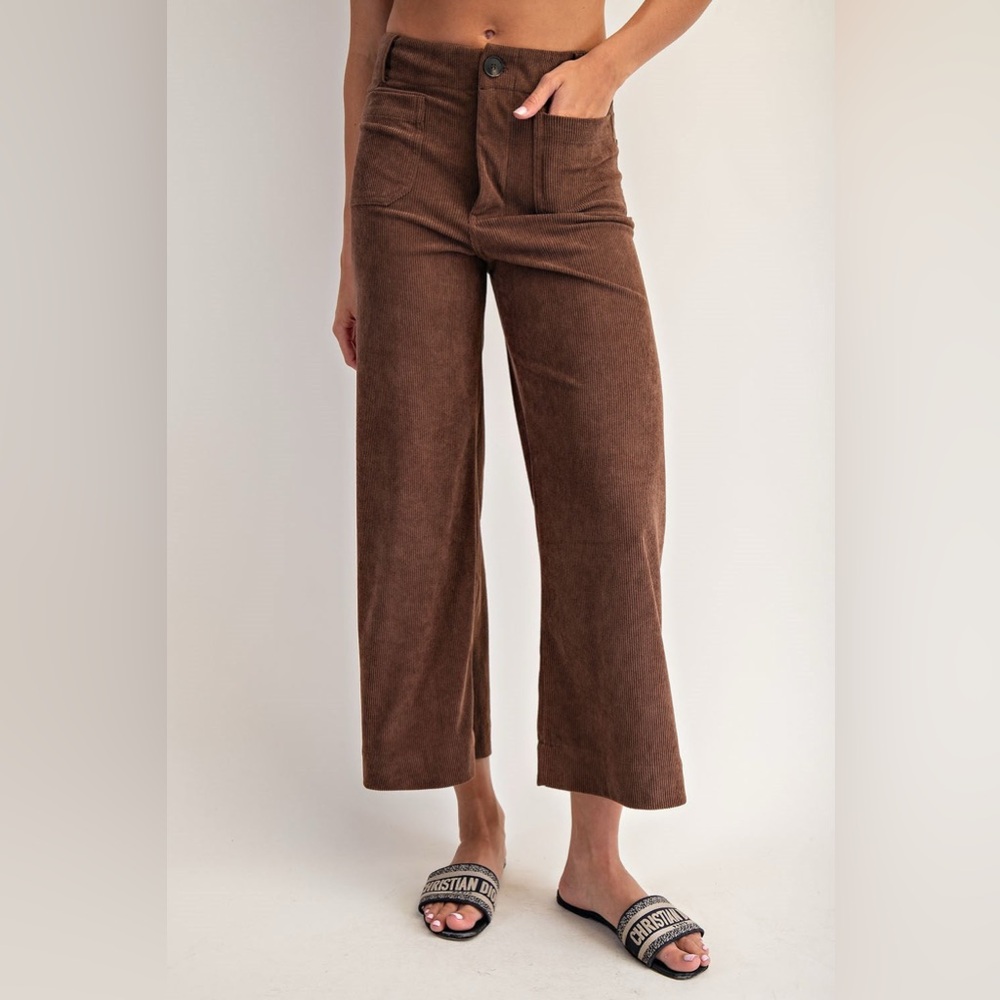 Slouchy Straight Leg Cropped Corduroy Pants with Patch Pockets - eesome